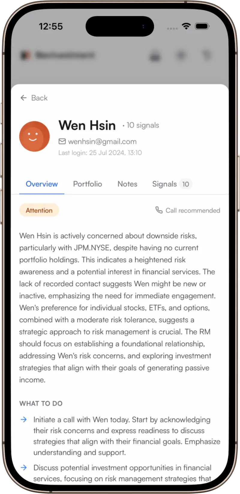 Client intelligence overview with AI brief